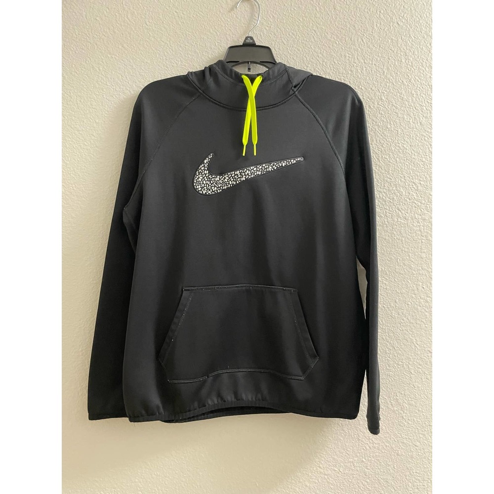 Nike Men's Hoodie M Black Big Swoosh Polka dot print neon yellow therma fit
